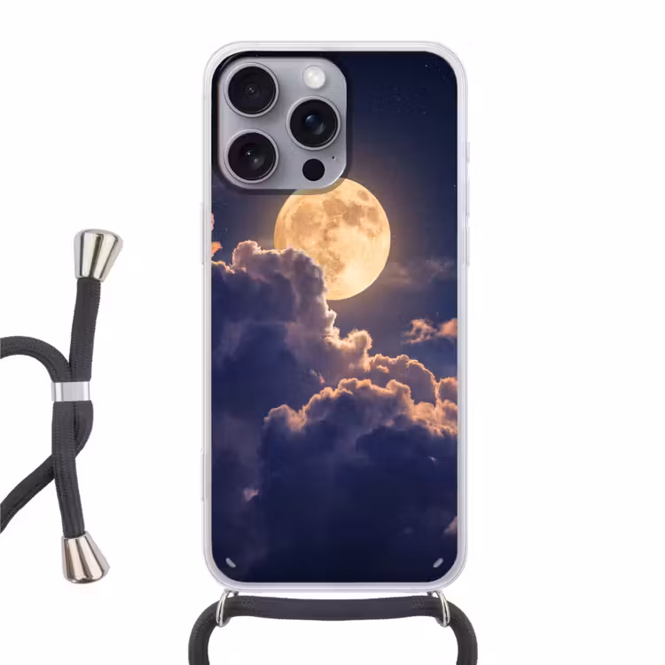 Maan - Wolken - Nacht - Oranje Hoesje iPhone 16 Pro Max met koord klein -3d