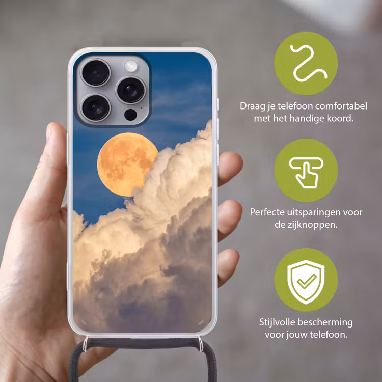 Maan - Wolken - Natuur - Oranje Hoesje iPhone 16 Pro Max met koord klein -sfeer2_NL