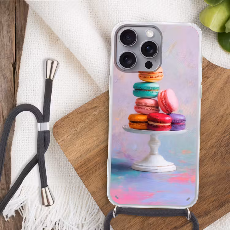 Macarons - Schaal - Pastel - Kleurrijk Hoesje iPhone 16 Pro Max met koord klein -sfeer4