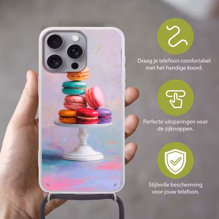 Macarons - Schaal - Pastel - Kleurrijk Hoesje iPhone 16 Pro Max met koord klein -sfeer2_NL