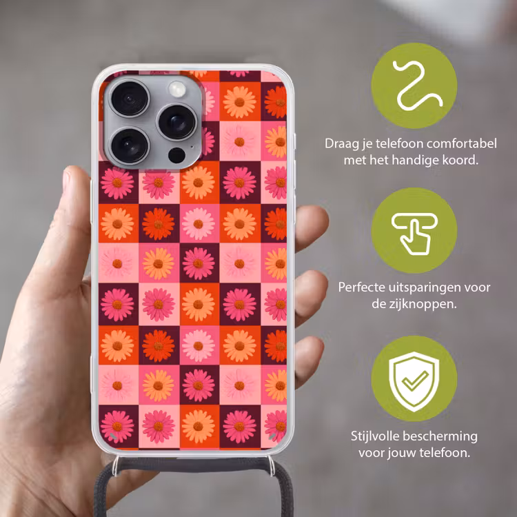 Madeliefjes - Dambord - Retro - Roze - Oranje Hoesje iPhone 16 Pro Max met koord klein 804 -sfeer2_NL