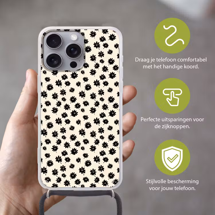 Madeliefjes - Grafisch - Zwart - Beige Hoesje iPhone 16 Pro Max met koord klein 804 -sfeer2_NL