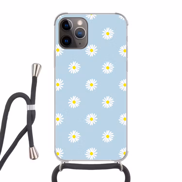 Madeliefjes - Pastel - Wit - Blauw - Bloemen Hoesje iPhone 12 Pro met koord klein -3d