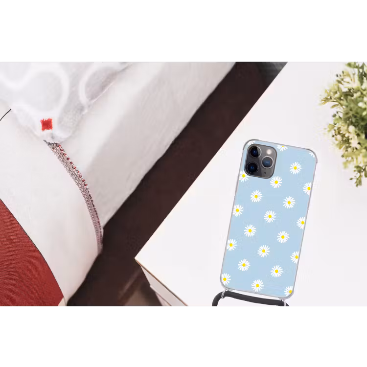 Madeliefjes - Pastel - Wit - Blauw - Bloemen Hoesje iPhone 12 Pro met koord klein -kamer