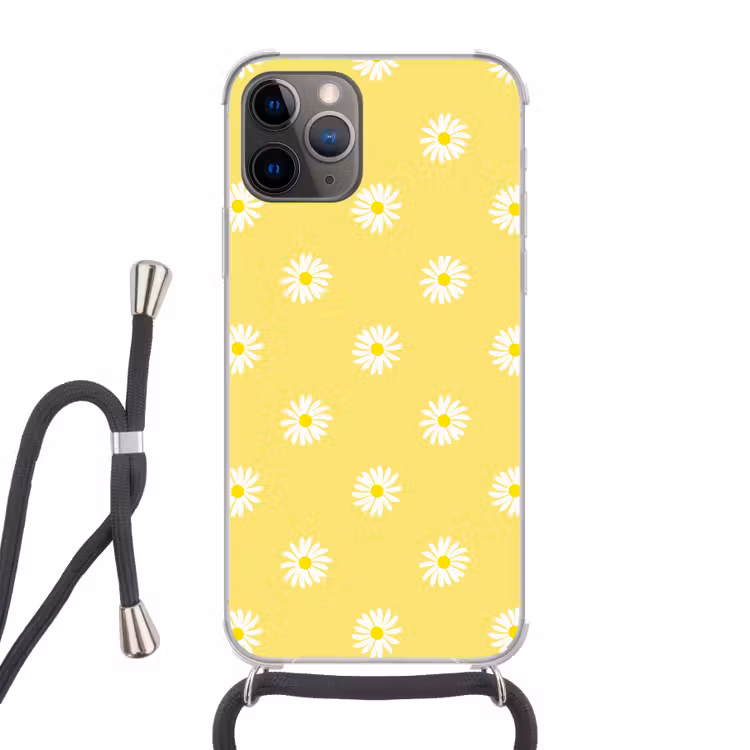 Madeliefjes - Pastel - Wit - Geel - Bloemen Hoesje iPhone 12 Pro met koord klein -3d