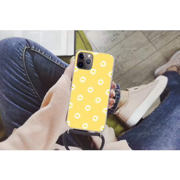 Madeliefjes - Pastel - Wit - Geel - Bloemen Hoesje iPhone 12 Pro met koord klein -hand