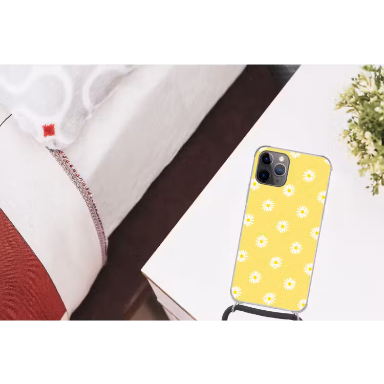 Madeliefjes - Pastel - Wit - Geel - Bloemen Hoesje iPhone 12 Pro met koord klein -kamer