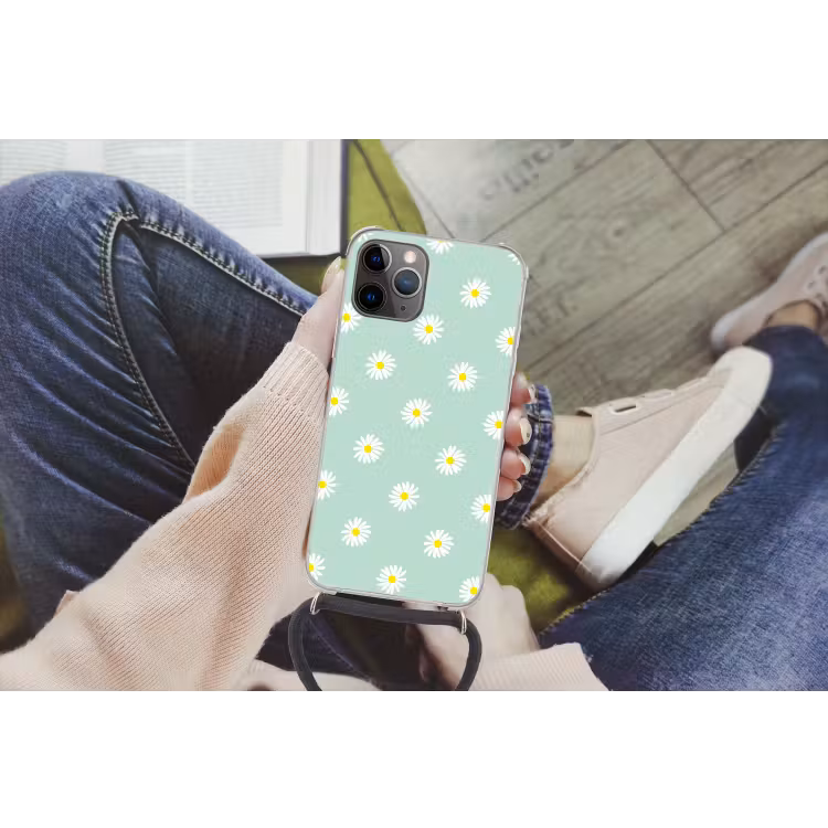Madeliefjes - Pastel - Wit - Groen - Bloemen patroon Hoesje iPhone 12 Pro met koord klein -hand