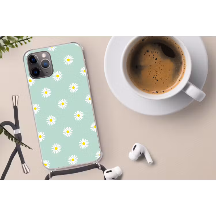 Madeliefjes - Pastel - Wit - Groen - Bloemen patroon Hoesje iPhone 12 Pro met koord klein -oordop