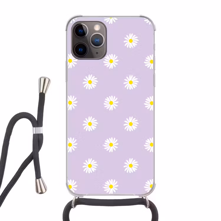 Madeliefjes - Pastel - Wit - Paars - Bloemen Hoesje iPhone 12 Pro met koord klein -3d