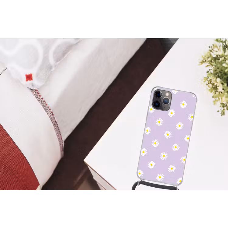 Madeliefjes - Pastel - Wit - Paars - Bloemen Hoesje iPhone 12 Pro met koord klein -kamer