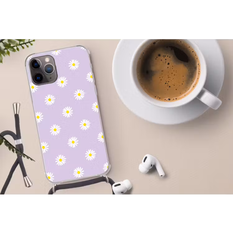 Madeliefjes - Pastel - Wit - Paars - Bloemen Hoesje iPhone 12 Pro met koord klein -oordop