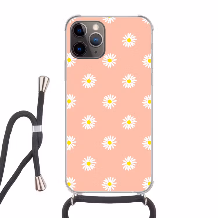 Madeliefjes - Pastel - Wit - Roze - Bloemen print Hoesje iPhone 12 Pro met koord klein -3d