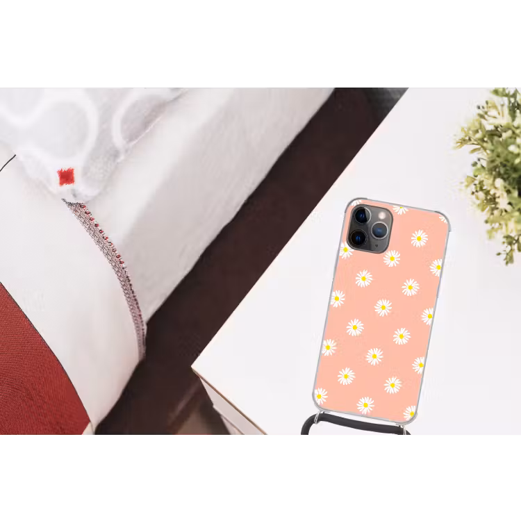 Madeliefjes - Pastel - Wit - Roze - Bloemen print Hoesje iPhone 12 Pro met koord klein -kamer