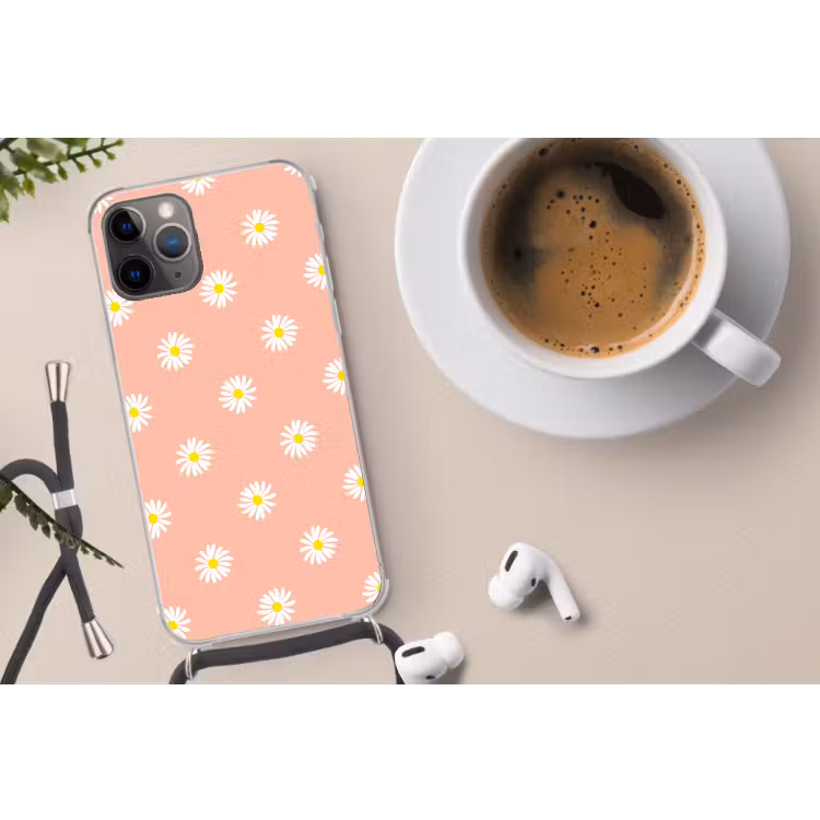 Madeliefjes - Pastel - Wit - Roze - Bloemen print Hoesje iPhone 12 Pro met koord klein -oordop
