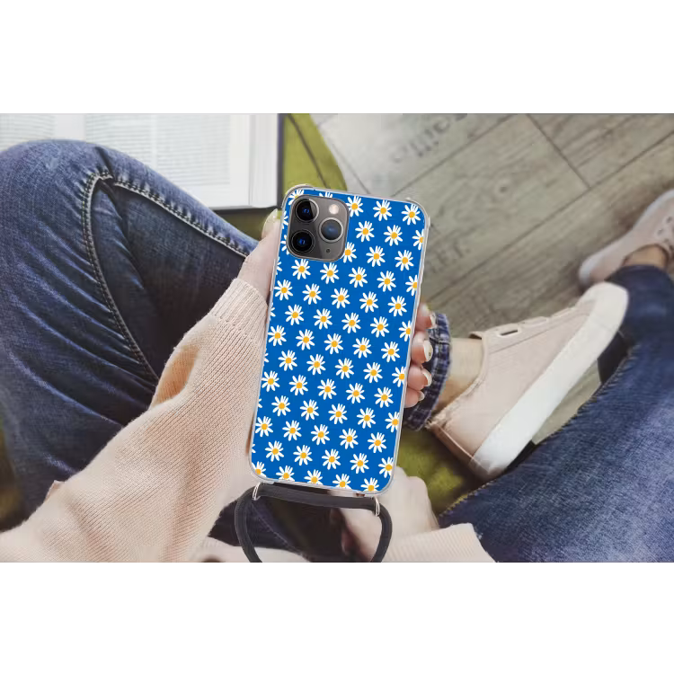 Madeliefjes - Patroon - Blauw - Bloemen Hoesje iPhone 12 Pro met koord klein -hand