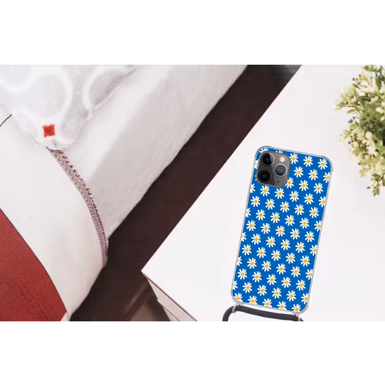 Madeliefjes - Patroon - Blauw - Bloemen Hoesje iPhone 12 Pro met koord klein -kamer