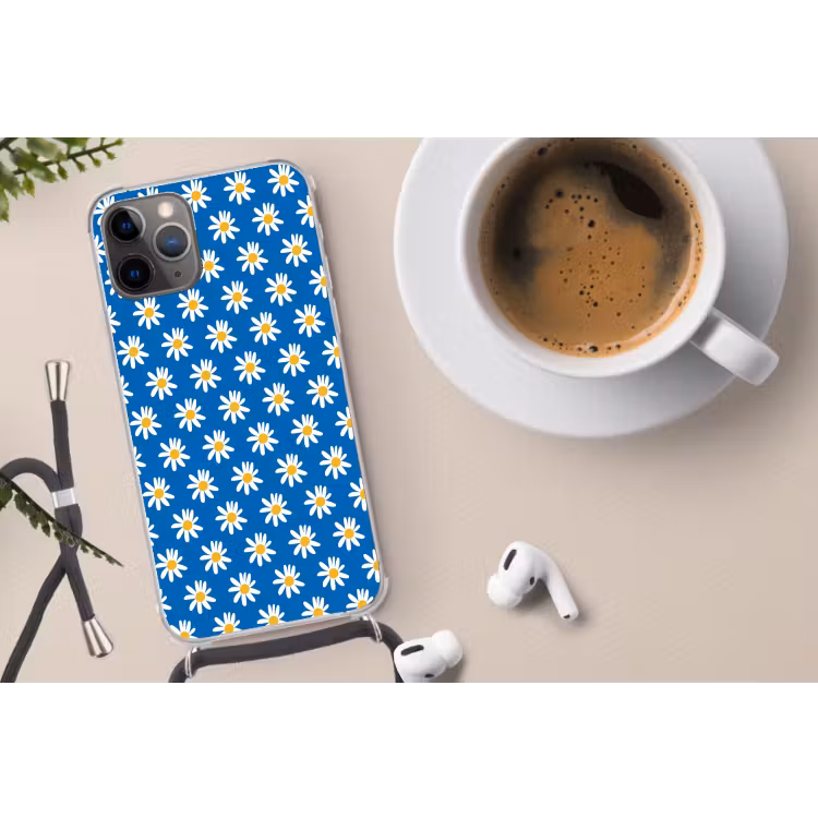Madeliefjes - Patroon - Blauw - Bloemen Hoesje iPhone 12 Pro met koord klein -oordop