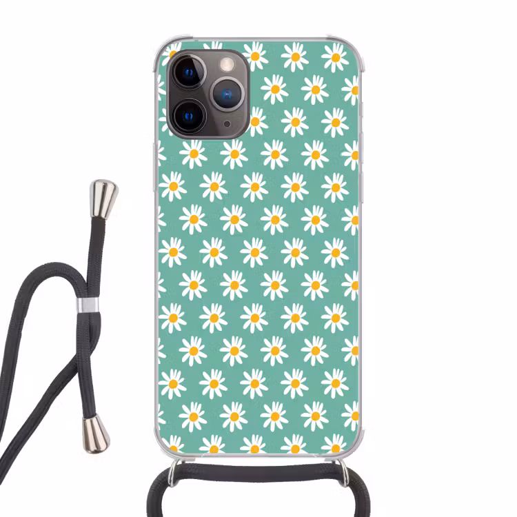 Madeliefjes - Patroon - Groen - Bloemen Hoesje iPhone 12 Pro met koord klein -3d