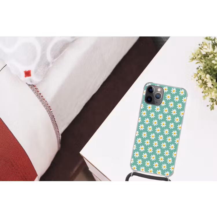 Madeliefjes - Patroon - Groen - Bloemen Hoesje iPhone 12 Pro met koord klein -kamer