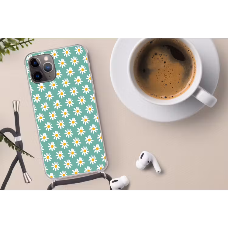 Madeliefjes - Patroon - Groen - Bloemen Hoesje iPhone 12 Pro met koord klein -oordop
