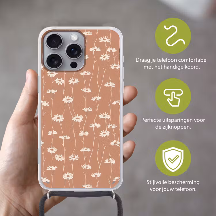 Madeliefjes - Subtiel - Terracotta Hoesje iPhone 16 Pro Max met koord klein 804 -sfeer2_NL
