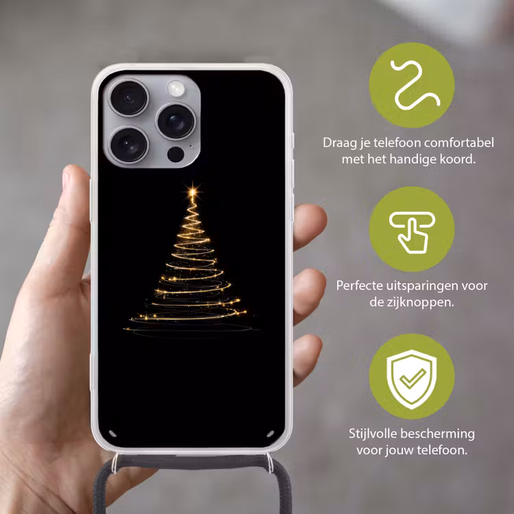 Magisch - Kerstboom - Lichtspiralen - Zwart Hoesje iPhone 16 Pro Max met koord klein -sfeer2_NL