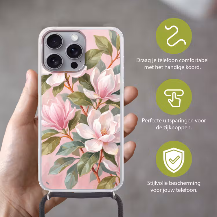 Magnolia's - Patroon - Roze Hoesje iPhone 16 Pro Max met koord klein -sfeer2_NL