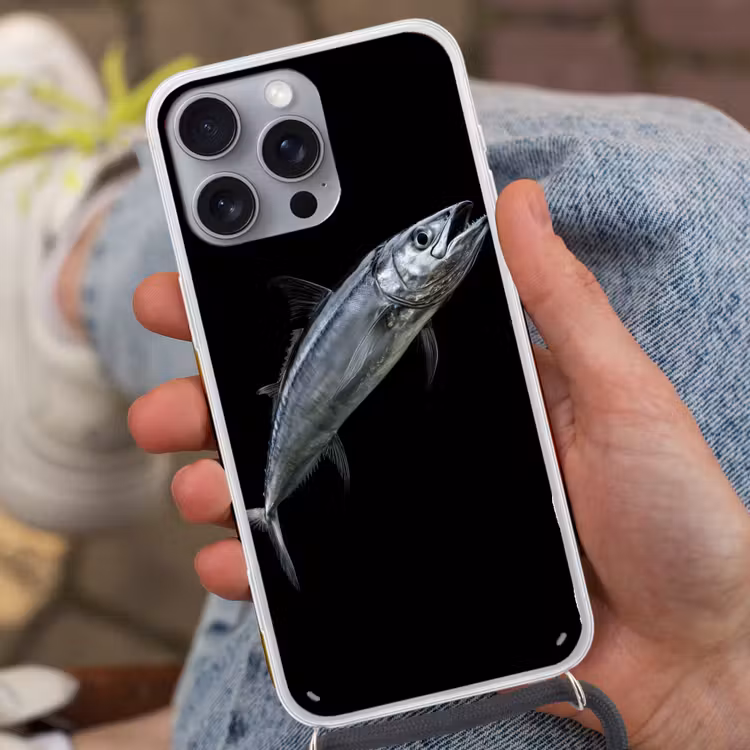 Makreel - Vis - Zwart Hoesje iPhone 16 Pro Max met koord klein -sfeer3