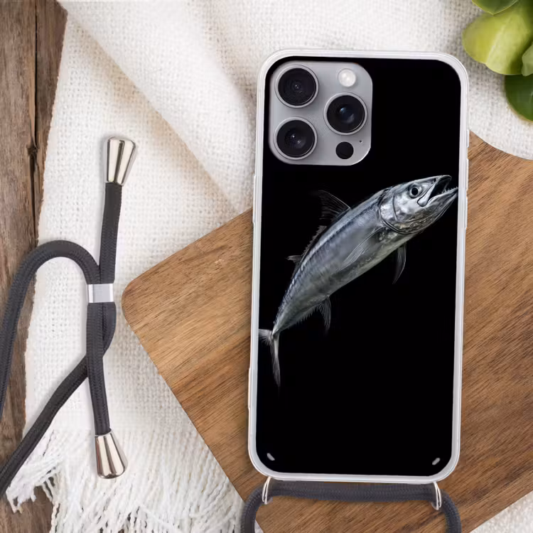 Makreel - Vis - Zwart Hoesje iPhone 16 Pro Max met koord klein -sfeer4