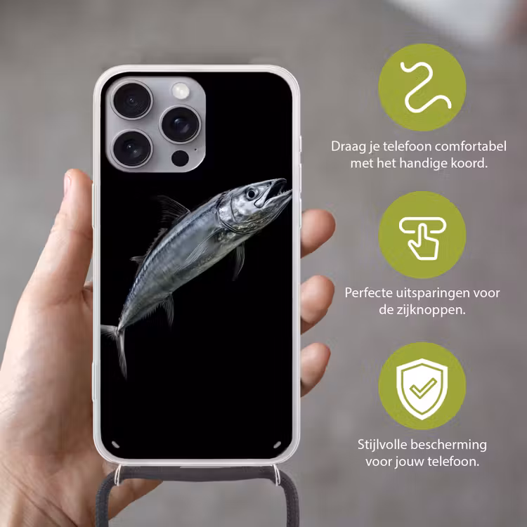 Makreel - Vis - Zwart Hoesje iPhone 16 Pro Max met koord klein -sfeer2_NL