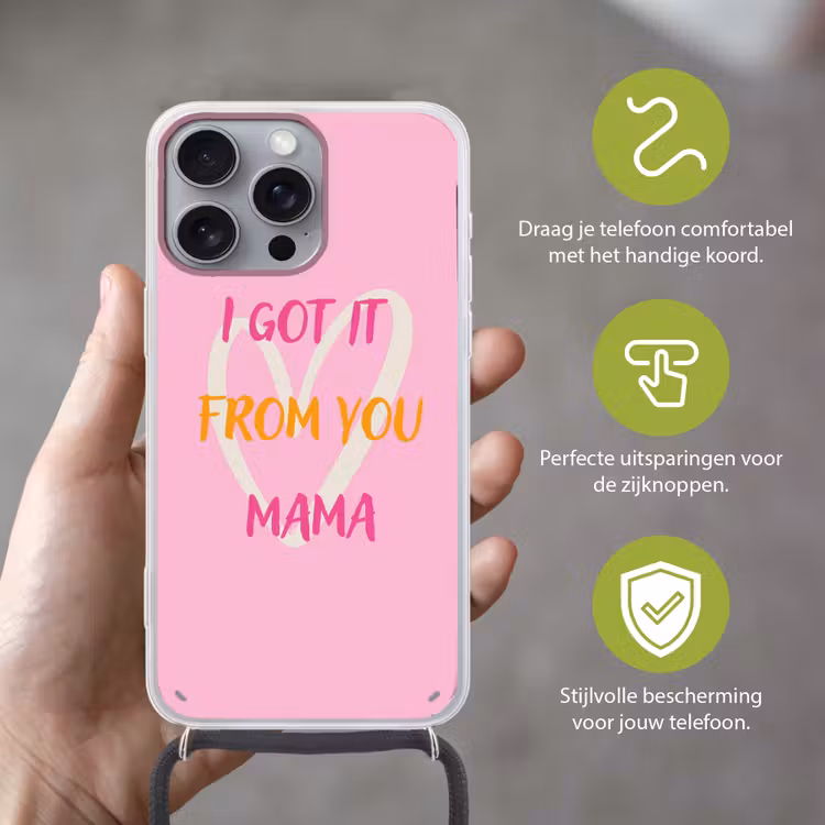 Mama - Quote - Hart - Roze Hoesje iPhone 16 Pro Max met koord klein -sfeer2_NL