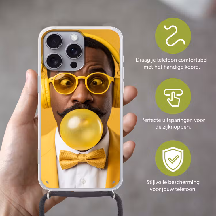 Man - Bubblegum - Portret - Geel - Modern Hoesje iPhone 16 Pro Max met koord klein -sfeer2_NL