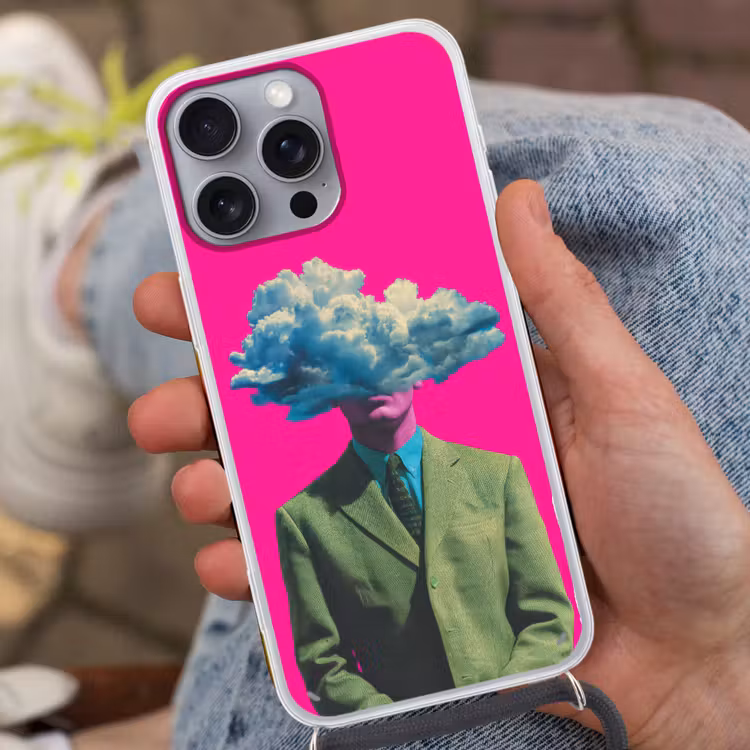 Man - Pak - Wolk - Roze Hoesje iPhone 16 Pro Max met koord klein -sfeer3