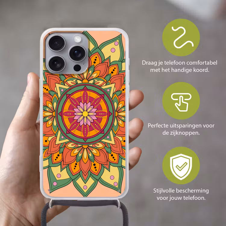 Mandala - Bloemen - Abstract - Kleurrijk Hoesje iPhone 16 Pro Max met koord klein -sfeer2_NL