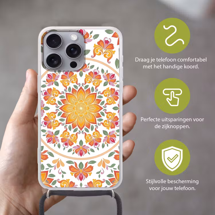 Mandala - Bloemen - Decoratie - Kleurrijk - Abstract Hoesje iPhone 16 Pro Max met koord klein -sfeer2_NL