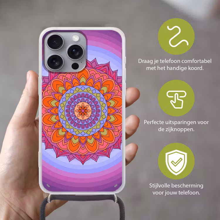 Mandala - Cirkel - Abstract - Kleurrijk - Patroon Hoesje iPhone 16 Pro Max met koord klein -sfeer2_NL