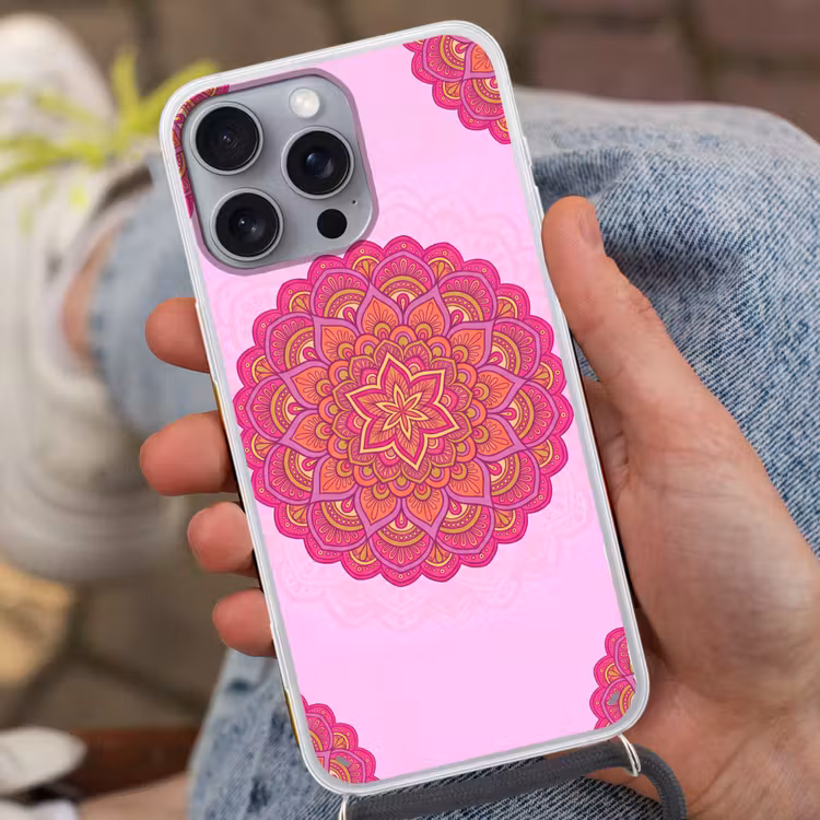 Mandala - Cirkel - Spiritueel - Oosters - Roze Hoesje iPhone 16 Pro Max met koord klein -sfeer3