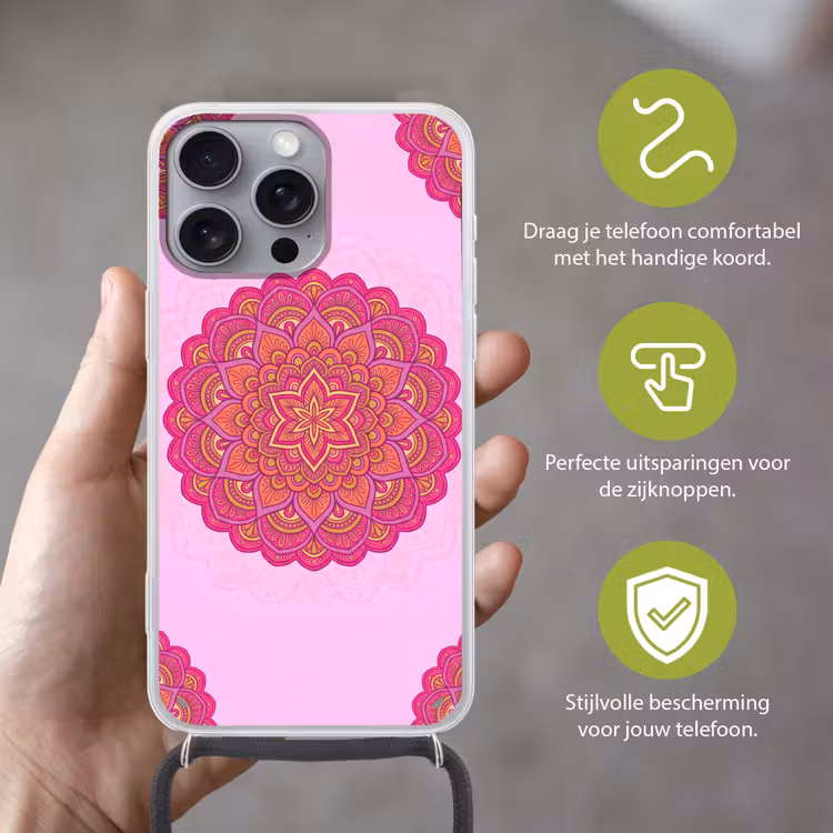 Mandala - Cirkel - Spiritueel - Oosters - Roze Hoesje iPhone 16 Pro Max met koord klein -sfeer2_NL