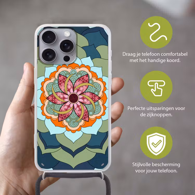 Mandala - Geometrisch - Kunst - Decoratief - Kleurrijk Hoesje iPhone 16 Pro Max met koord klein -sfeer2_NL