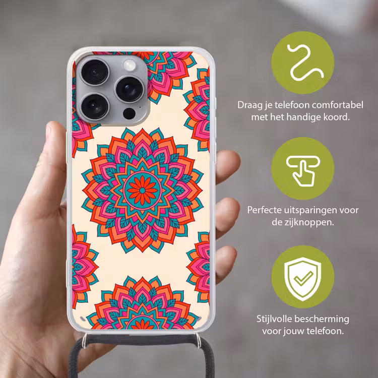 Mandala - Patroon - Abstract - Kleurrijk - Modern Hoesje iPhone 16 Pro Max met koord klein -sfeer2_NL