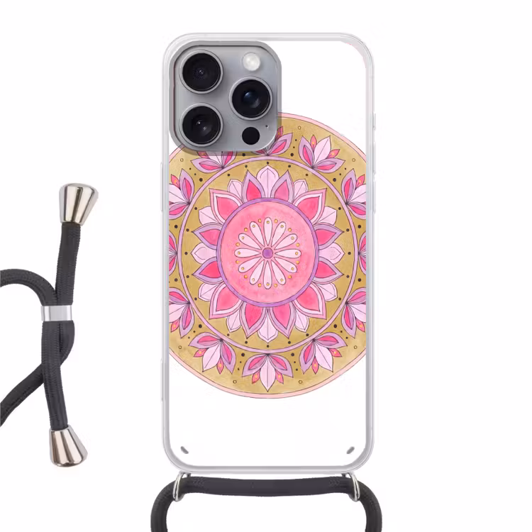 Mandala - Patroon - Kunst - Aquarel - Roze Hoesje iPhone 16 Pro Max met koord klein -3d
