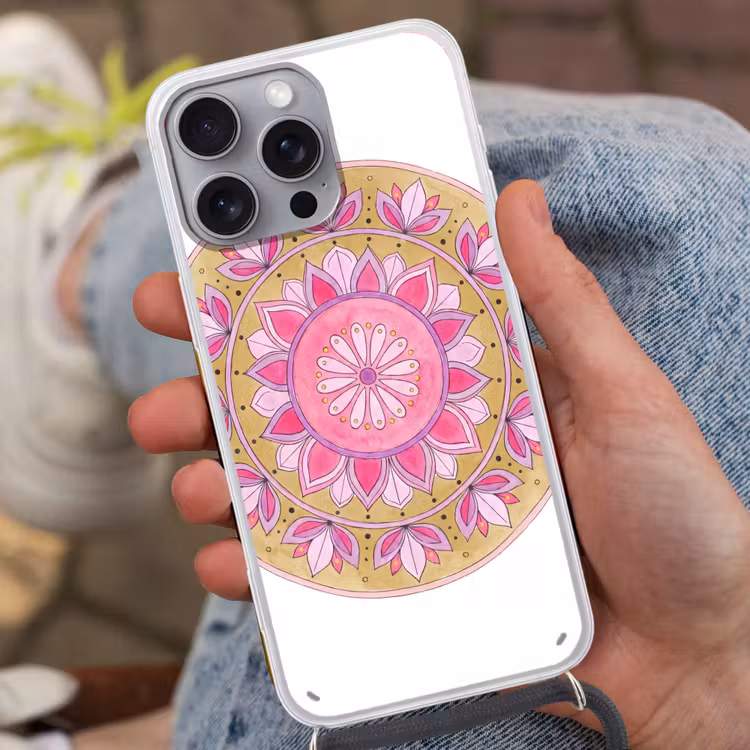 Mandala - Patroon - Kunst - Aquarel - Roze Hoesje iPhone 16 Pro Max met koord klein -sfeer3