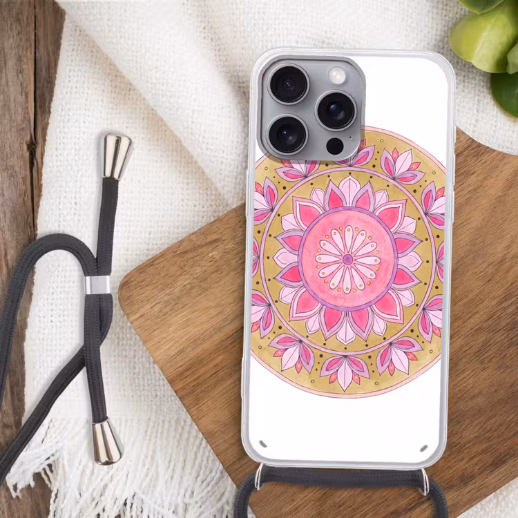 Mandala - Patroon - Kunst - Aquarel - Roze Hoesje iPhone 16 Pro Max met koord klein -sfeer4