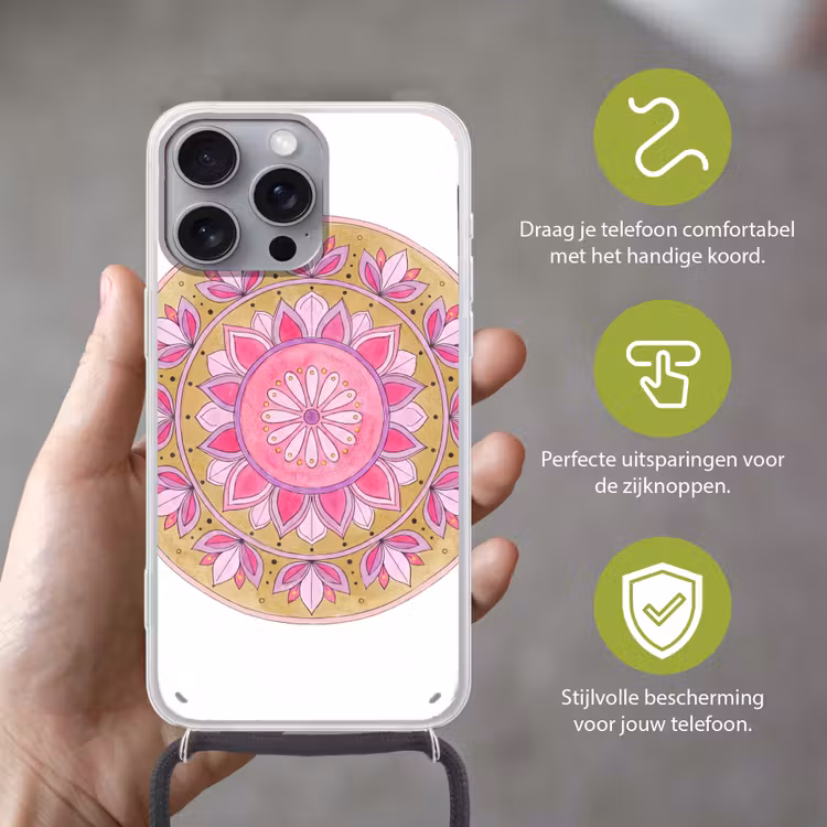 Mandala - Patroon - Kunst - Aquarel - Roze Hoesje iPhone 16 Pro Max met koord klein -sfeer2_NL