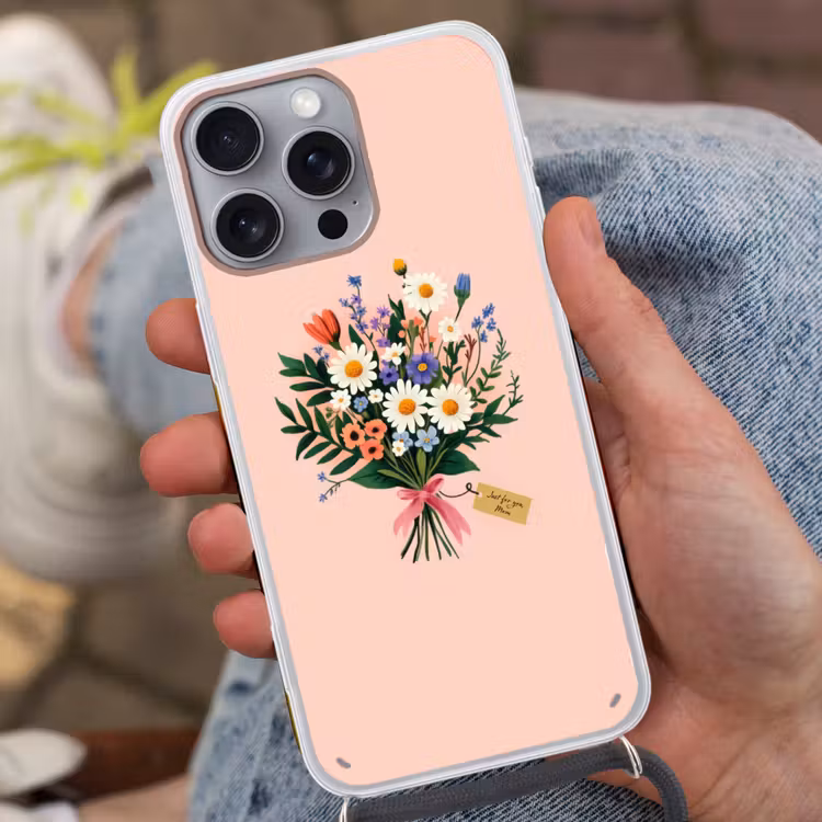 Margrieten - Boeket - Strikje - Roze Hoesje iPhone 16 Pro Max met koord klein -sfeer3