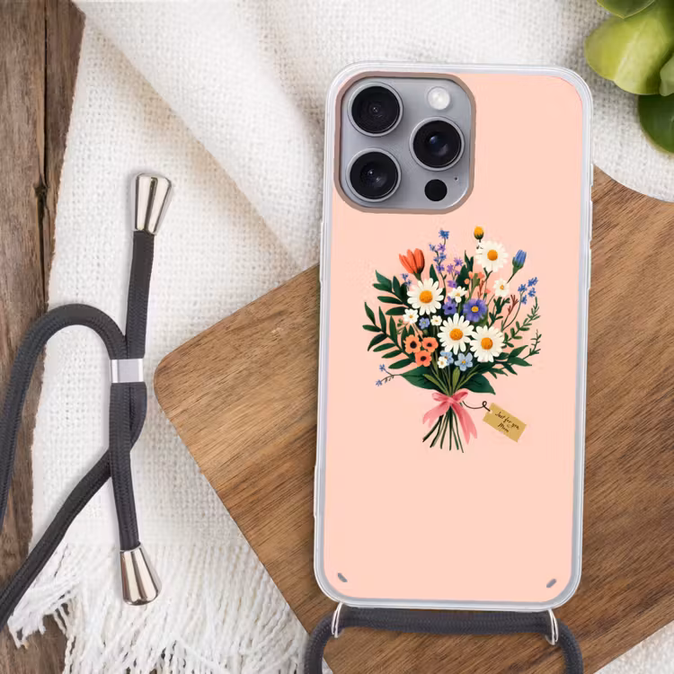 Margrieten - Boeket - Strikje - Roze Hoesje iPhone 16 Pro Max met koord klein -sfeer4