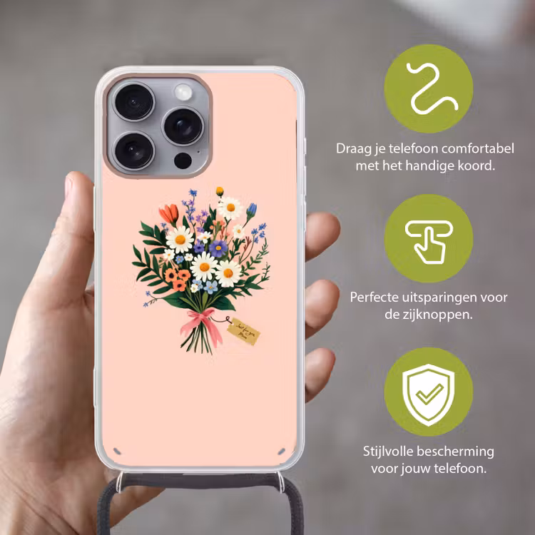 Margrieten - Boeket - Strikje - Roze Hoesje iPhone 16 Pro Max met koord klein -sfeer2_NL
