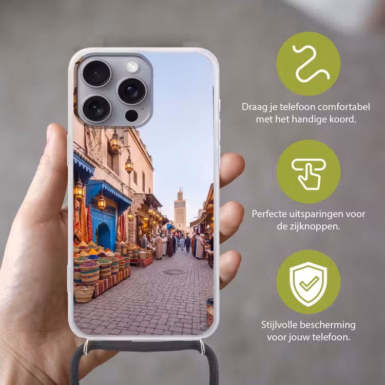 Telefoonhoesje met koord - Markt - Oosters - Kleurrijk - Markt - Oosters - Kleurrijk Hoesje iPhone 16 Pro Max met koord klein