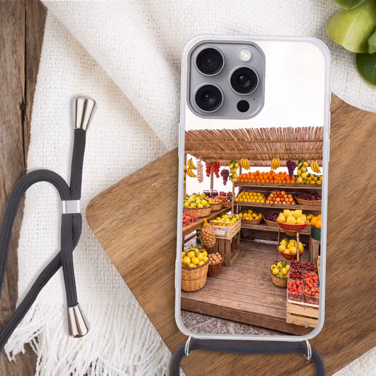 Telefoonhoesje met koord - Marktkraam - Fruit - Vers - Marktkraam - Fruit - Vers Hoesje iPhone 16 Pro Max met koord klein